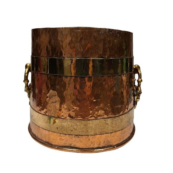 French Lion Hammered Copper Brass Jardiniere Planter Knocker Handles Décor 7"x9" - Picture 4 of 16